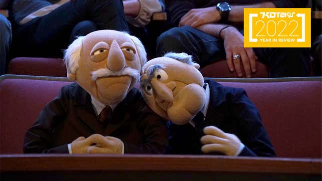 A photo shows Muppets Waldorf and Statler sitting together. 