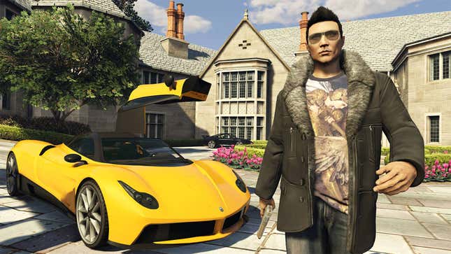 A man in a fur coat walks away from a fancy yellow car in GTA Online.