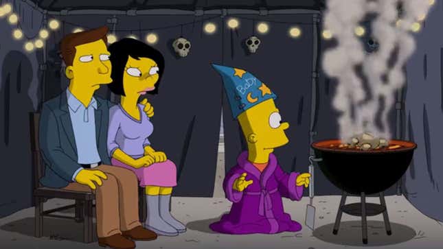A screenshot from The Simpsons shows Bart as a wizard with a couple near him. 