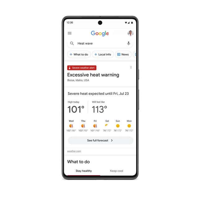 Google search result showing extreme heat alert