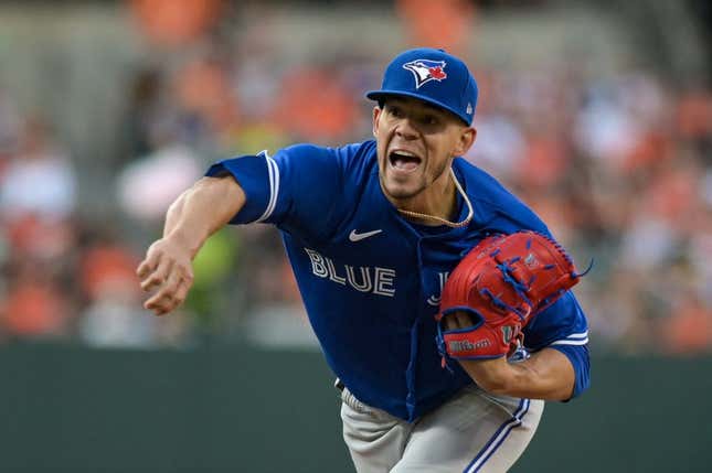 Jun 14, 2023; Baltimore, Maryland, USA;  Toronto Blue Jays starting pitcher Jose Berrios (17) follows through on a first inning pitch against the Baltimore Orioles at Oriole Park at Camden Yards.