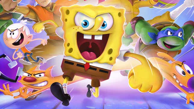 An angry-looking SpongeBob SquarePants punches at the camera with several other Nickelodeon cartoon characters backing him up.