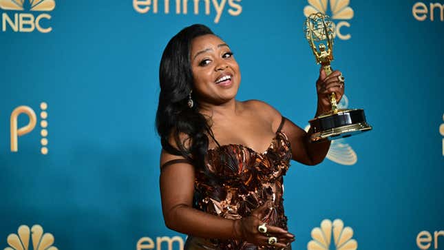 Quinta Brunson poses with the Emmy for Outstanding Writing For A Comedy Series for “Abbott Elementary” during the 74th Emmy Awards at the Microsoft Theater in Los Angeles, California, on September 12, 2022. 
