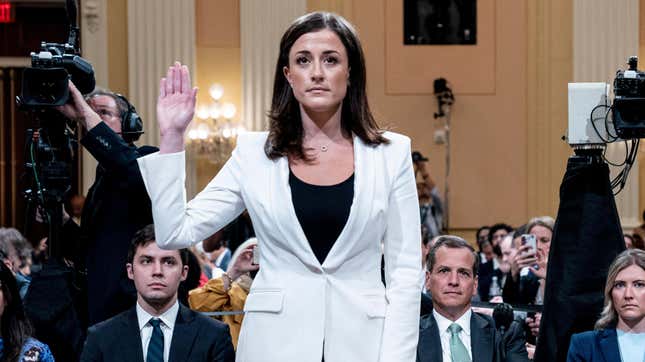 Cassidy Hutchinson, former aide to Trump White House chief of staff Mark Meadows, is sworn in to testify at a hearing held on Thursday by the House select committee investigating the January 6 attack on the Capitol.