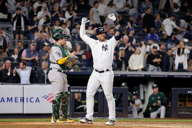 May 8, 2023; Bronx, New York, USA; New York Yankees second baseman Gleyber Torres (25) reacts after hitting a solo home run against the Oakland Athletics during the sixth inning at Yankee Stadium.