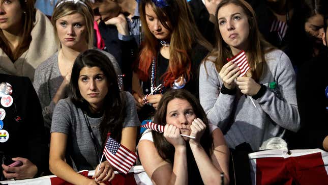 Supporters watch the election results on a larger television monitor during Democratic presidential nominee Hillary Clinton's election night rally in the Jacob Javits Center glass enclosed lobby in New York, Tuesday, Nov. 8, 2016.