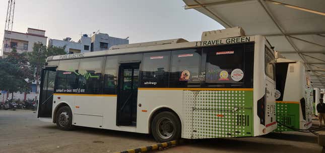 Olectra-BYD e-buses charging at the Bhekrai Nagar bus depot in Pune.