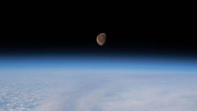 The waning gibbous Moon above Earth’s horizon, as seen from the ISS on February 10, 2023.
