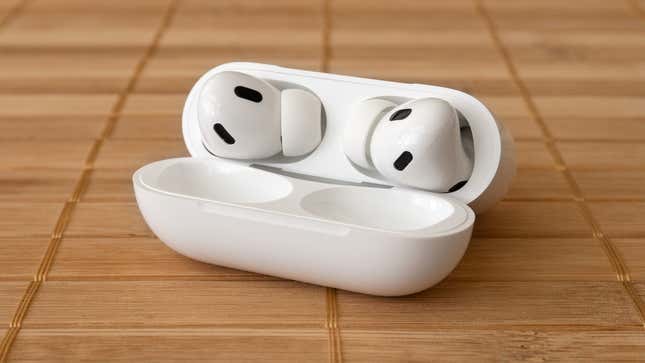 The Apple AirPods Pro 2 wireless earbuds in their charging case.