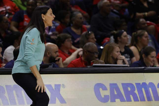 May 19, 2023; Washington, District of Columbia, USA; New York Liberty head coach Sandy Brondello yells from the bench against the Washington Mystics at Entertainment &amp;amp; Sports Arena.
