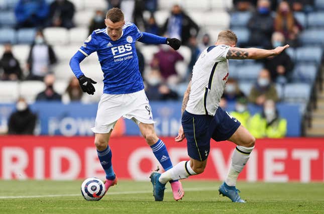 Jamie Vardy of Leicester City is fouled by Toby Alderweireld of Tottenham Hotspur.