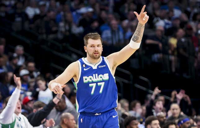 Mar 2, 2023; Dallas, Texas, USA;  Dallas Mavericks guard Luka Doncic (77) reacts during the second half against the Philadelphia 76ers at American Airlines Center.