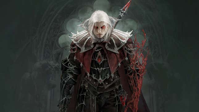 An image shows a male Blood Knight with white hair and red eyes. 