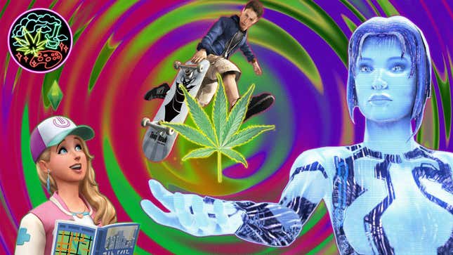 A collage of several video game characters in front of a trippy, swirling background with  pot leaf.