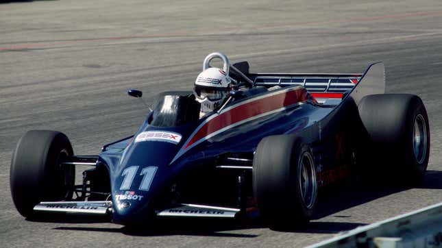Elio de Angelis drives the Essex Team Lotus Cosworth 88 with hydropneumatic suspension during practice for the 1981 United States Grand Prix West.