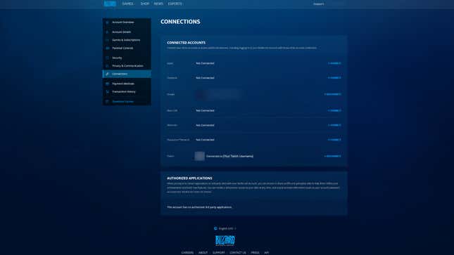A screenshot of a menu on Battle.net shows a linked Twitch account.