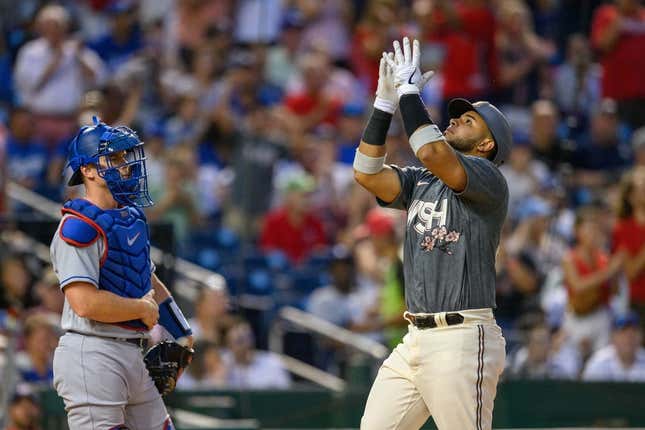 Sep 8, 2023; Washington, District of Columbia, USA; Washington Nationals catcher Keibert Ruiz (20) celebrates after hitting a three run home run against the Los Angeles Dodgers at Nationals Park.