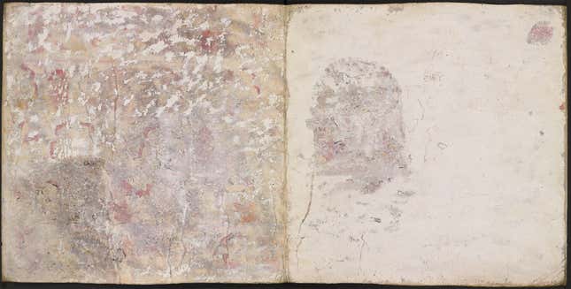 Pages 10 and 11 of the back of Codex Añute/Selden as seen by the naked eye. They were scraped in the 1950s during a series of invasive tests that did not reveal much.