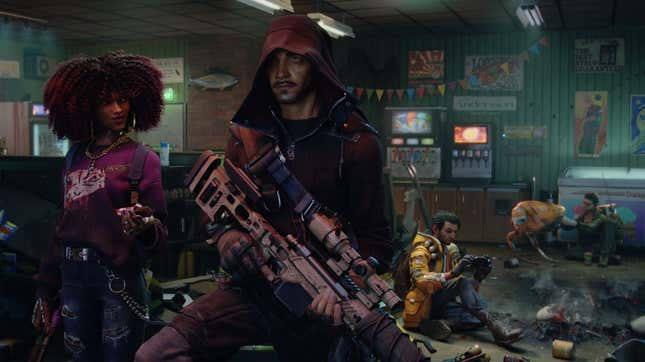 Four vampire hunters stand in a dilapidated diner in Redfall on Xbox Series X.