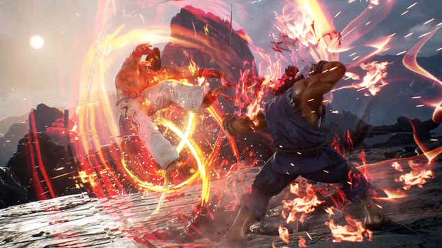Street Fighter's Akuma is whooping everyone's ass as he sends Tekken villain Kazuya Mishima flying.