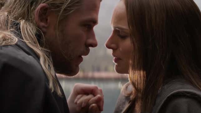 Thor and Jane Foster lean towards each other in an intimate moment.