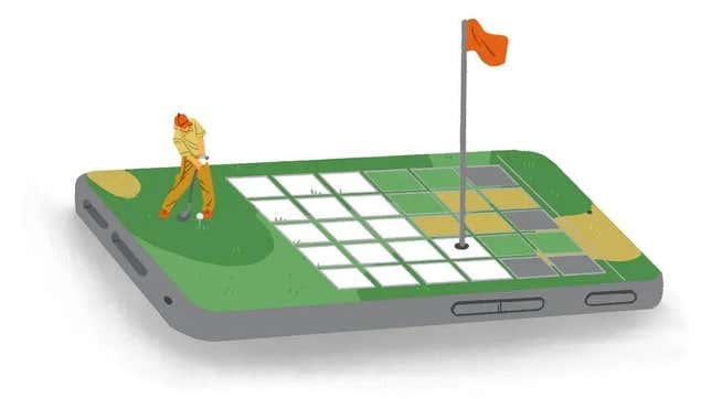 An illustration depicts a golfer playing on a grassy cell phone with Wordle on the screen.
