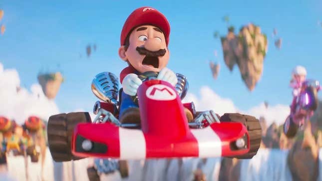 Mario screams while riding in his kart. 