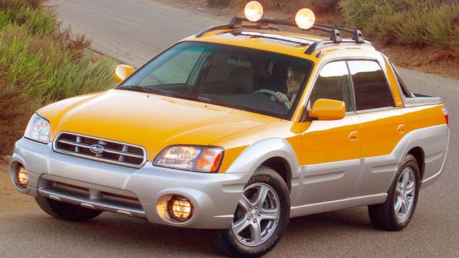 A photo of a yellow Subaru Baja pickup. 