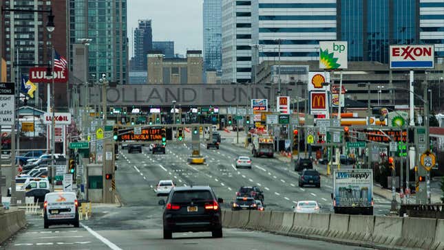 The surface street approach to the Holland Tunnel in Jersey City