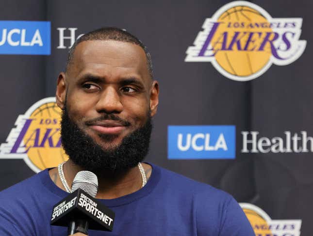 LeBron James #6 of the Los Angeles Lakers smiles during a news conference after a preseason game against the Phoenix Suns at T-Mobile Arena on October 05, 2022, in Las Vegas, Nevada. The Suns defeated the Lakers 119-115.