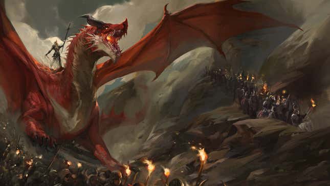 A group of cowed, torch-bearing soldiers cower from a fire-breathing red dragon.