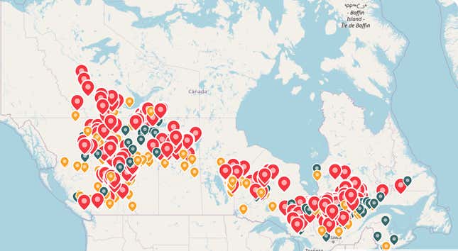 Fires across Canada as of June 6 2023. Red points are out of control fires, blue points are “being held”, and yellow represent controlled fires. 