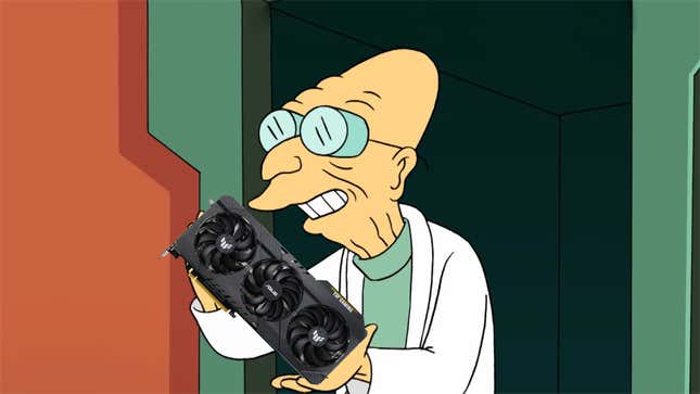 Professor Farnsworth holds an ASUS GPU, seemingly bringing good news to everyone.