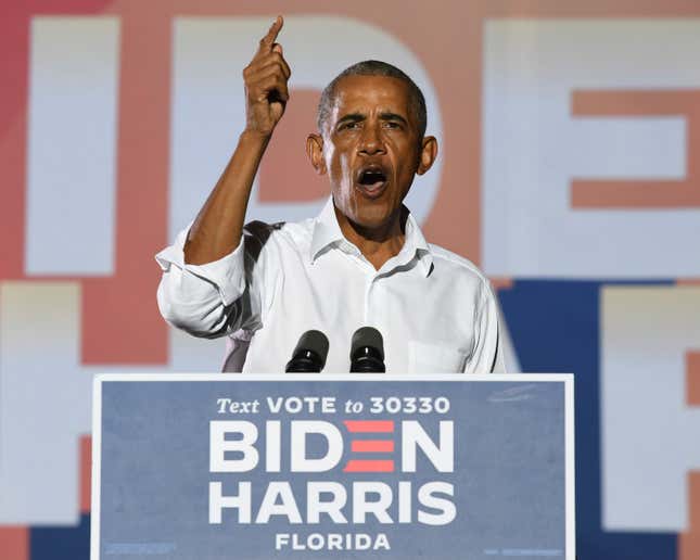 Former US President Barack Obama speaks in support of Democratic presidential nominee Joe Biden during a election eve drive-in campaign rally at the Florida International University on November 2, 2020 in Miami, Florida.