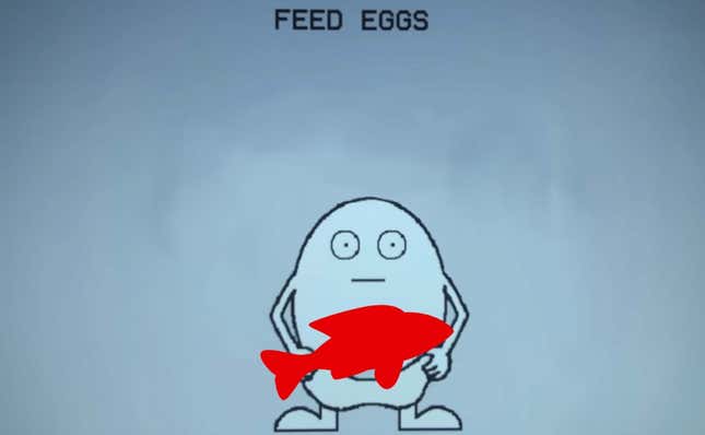 Eggman from I Think You Should Leave’s Egg Game is standing with a red Kotaku censor fish covering its middle section.