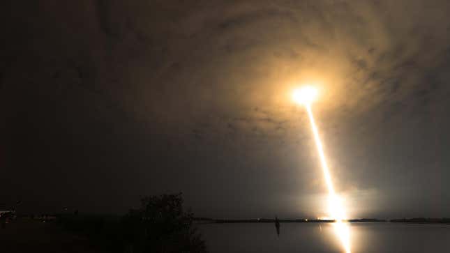 A photo of a SpaceX Falcon 9 rocket taking off. 