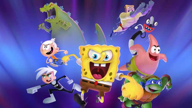 SpongeBob SquarePants, Danny Phantom, A Ninja Turtle and other famous characters jumping into action together. 