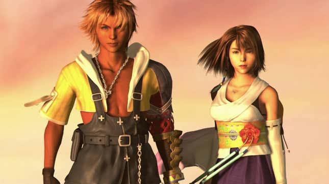 Two characters stare into the distance at sunset in Final Fantasy X/X2 HD on Xbox.