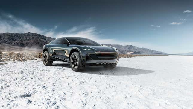 A render of the teal Audi Activesphere concept on a salt flat.