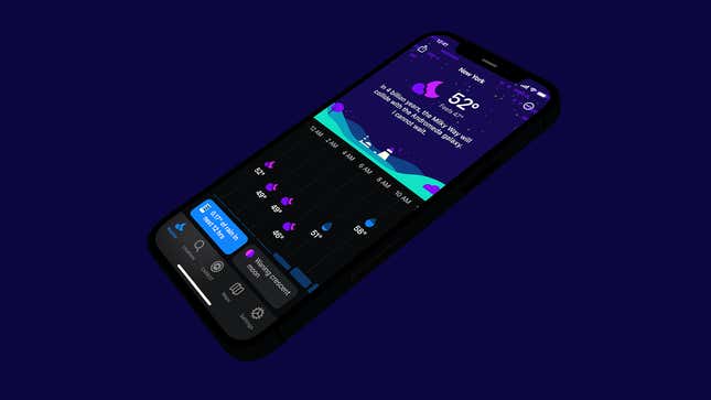 An image of a smartphone on a dark blue background with the Carrot Weather app open and displaying a forecast