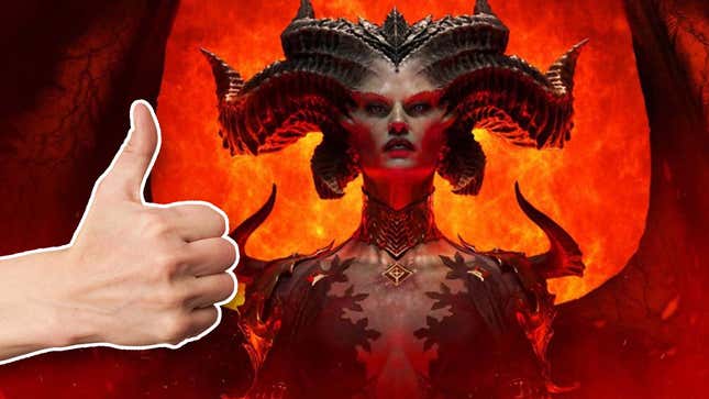 An image shows a thumbs up next to Diablo 4's main villain.