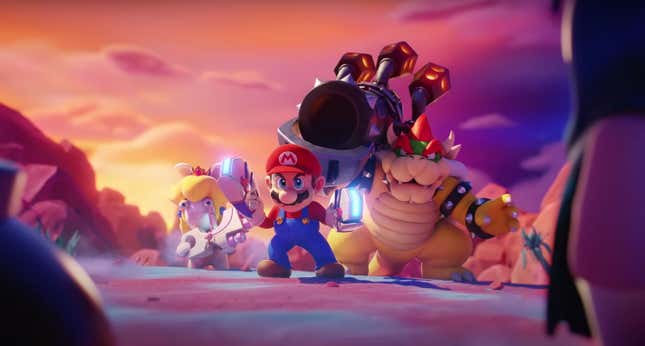 Mario, Bowser, and Rabbid Peach in the Switch exclusive, Sparks of Hope.