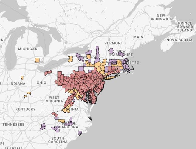 Spotted lanternfly invasion map from NYSIPM.