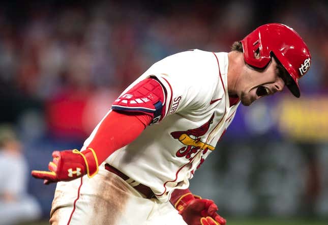 May 20, 2023; St. Louis, Missouri, USA; St. Louis Cardinals designated hitter Nolan Gorman (16) celebrates after hitting a three-run home run in the eighth inning at Busch Stadium.