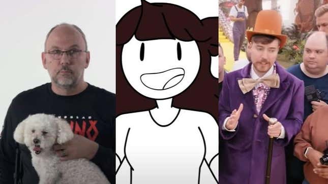A person holding a dog on the left, an animated woman in the middle, and a man dressed as Willie Wonka on the right.