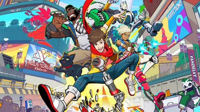 The cast of Hi-Fi Rush is seen jumping down into a crowd with weapons drawn and ready to fight.