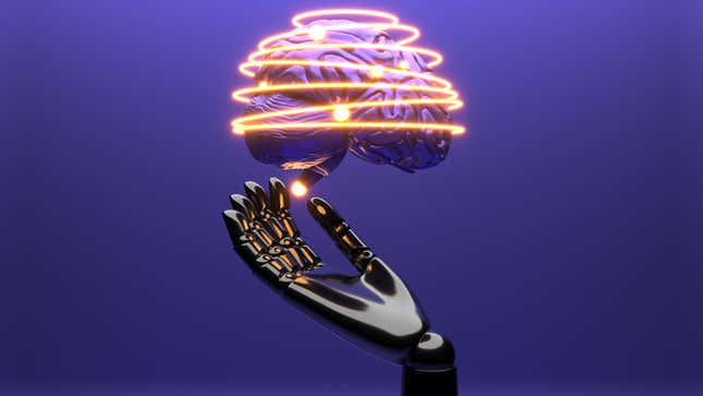 A CGI illustration of a brain covered in glowing strands of light hovering over a robotic hand