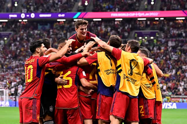 Spain celebrates a goal.