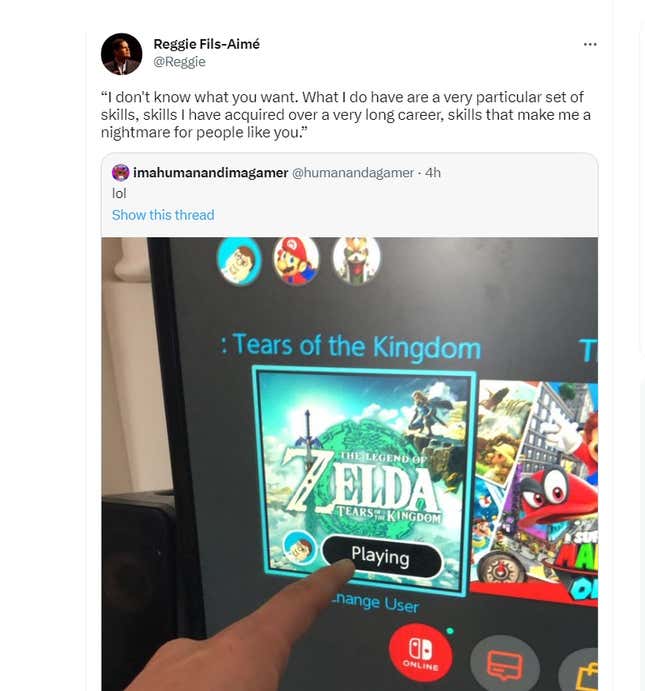 A screenshot of Reggie Fils-Aime responding to a Zelda leak on Twitter. 