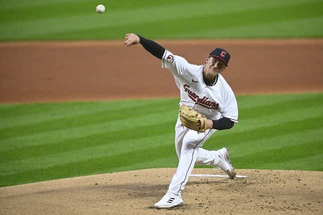 Apr 22, 2023; Cleveland, Ohio, USA; Cleveland Guardians starting pitcher Zach Plesac (34) delivers a pitch in the first inning against the Miami Marlins at Progressive Field.